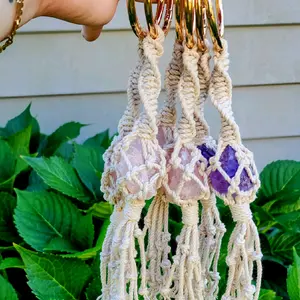 Macrame Crystal Charm with Raw Amethyst or Rose Quartz for Hanging