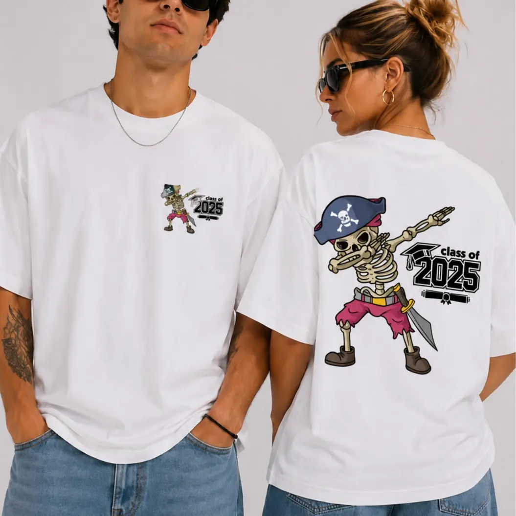 Trendy Front And Back Graphic Design, Skeleton Dab Dance Print, Heavyweight Short Sleeve Top, Casual Senior Year Student Wear