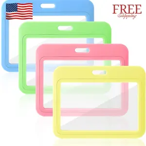 4Pack Horizontal ID Badge Holder Double-Sided Transparent ID (Pink+Yellow+Green+Blue)