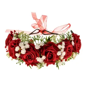 Adjustable Flower Crown Floral Headpiece Floral Crown Wedding Festivals Photo Props (J/red)