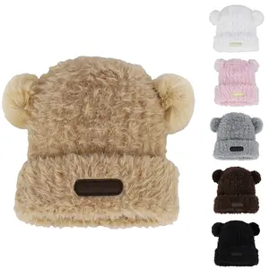 Women Cute Fuzzy Bear Ears Beanie Hat Winter Warm Knitted Hat