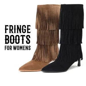 Womens Fringe Boots Western Cowboy Boot Pointed Toe Stiletto Heel Multi Layer Tassel Comfy Easy Pull On Spring Summer Boho Party Concert Retro Classic Country Wedding Daily Night Club Dressy Cowgirl Fashion Suede Boots