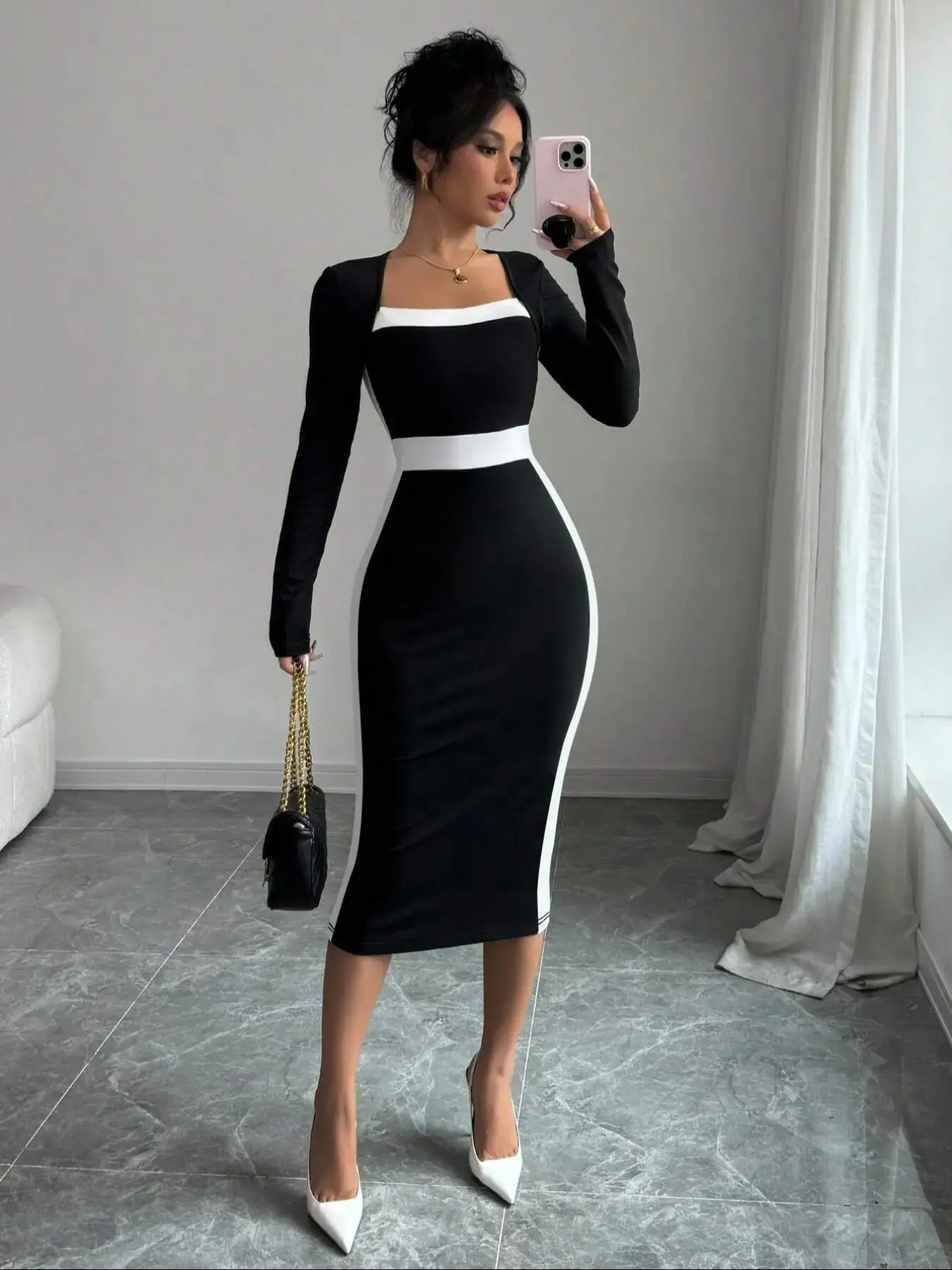 Elegant Chic Women's Colorblock Patchwork Knit Bodycon Dress, Long Sleeve Slim Fit Midi Dress, Sexy European Style Evening Formal Fashion Womenswear for Spring & Fall