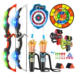 VATOS 2 Pack Bow and Arrow Toy with LED Light - 4 in 1 Archery & Dart Game Set with 20 Suction Cup Arrows, Shark Glow Target & Dart Board - Indoor/Outdoor Birthday Gift for Kids Boys Girls Ages 5-12