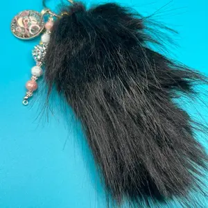 Black Faux Foxtail Cowgirl Pendant Keychain with Beaded Charm and Rhinestone Accents