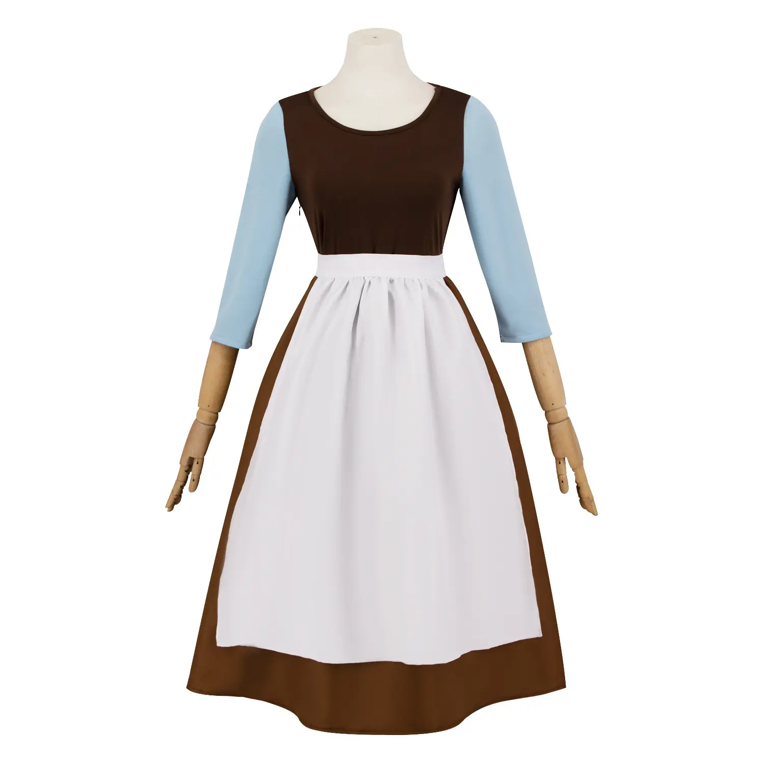 Women‘s Princess Maid Peasant Costume Brown Blue Apron Dress with Headscarf for Halloween