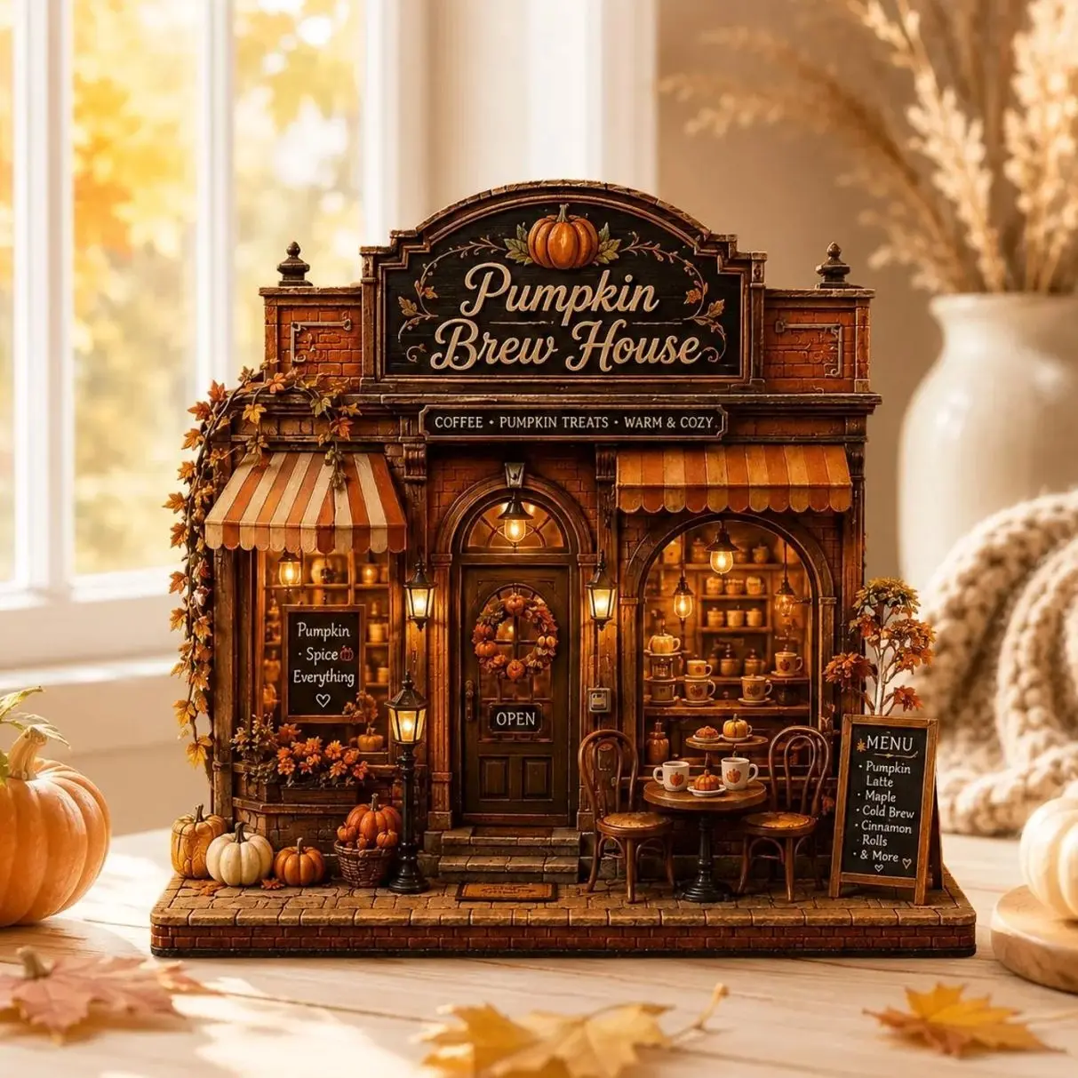 Pumpkin Brew House Wooden Block, Fall Coffee Shop Shelf Sitter, Autumn Cafe Mantel Decor, Cozy Pumpkin Spice Tabletop Gift for Home