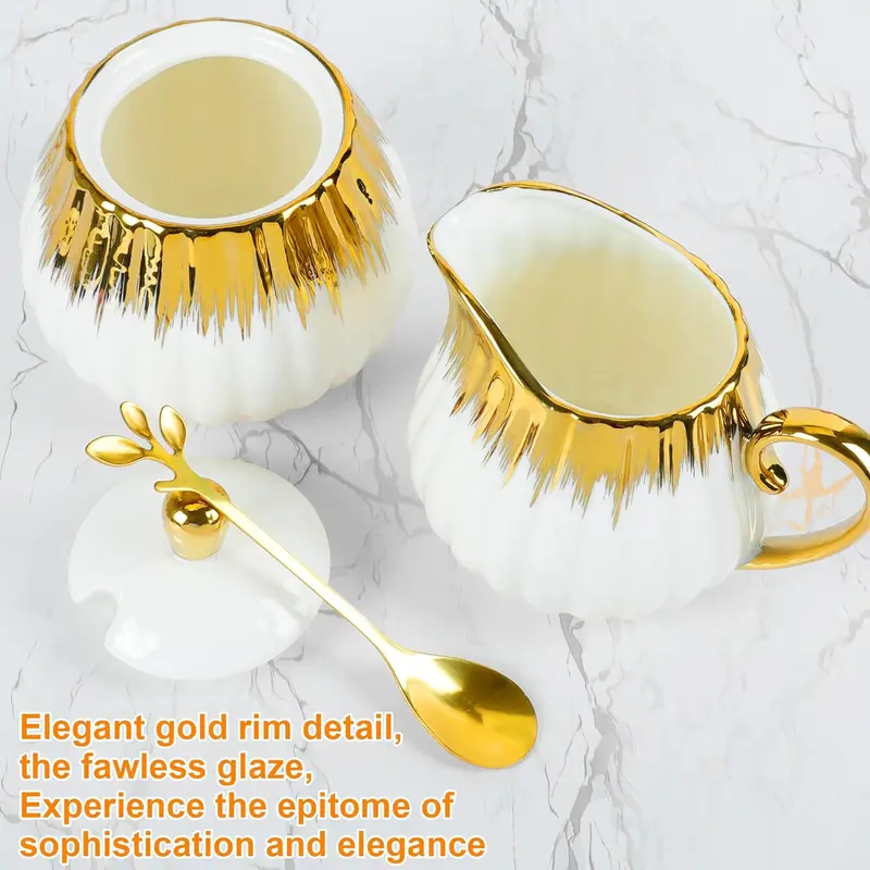 Ceramic Sugar and Creamer Set - 10oz Stylish Kitchenware with Lid, Spoon, Handy Cream Jug, for Coffee Bar Serving
