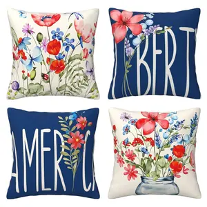 July 4th Patriotic Theme Outdoor Pillow Set, Decorative Pattern: Garden Flowers, Spring Farmhouse Style, Suitable for Terrace, Home Decoration, Sofa, Bedroom, Living Room, Deep Blue, 4-piece Set with Double sided Printing