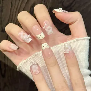 10pcs Pure Handmade Press On Nails Mid-Length Square Nail Pink And White Nails Glitter Decorative Nails, Nail Art, Stroble Flash Pain Gentle Cute Sweetend Pain Women And Gril,Spring Summer Fall Winter,Holiday And Dailys Life Use,Handmade Reusable Nails