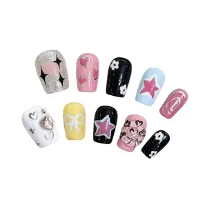 Y108 Hand phototherapy nail nail removable wearing nail hand-painted rhinestone star nail nail white summer sweet sister nail sheet