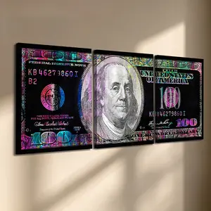 3 Pcs/Set Wooden-Framed Canvas Painting, Neon Pop Art 100 Dollar Bill Triptych Canvas Wall Art, Black Background Print for Living Room, Bedroom, Office Decoration, Modern Home Decor, Fashion Artistic Ornaments, Artwork