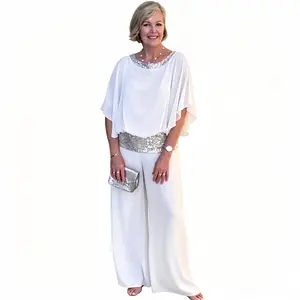 Women's Summer 2-Piece Color Blocking Pants & Top Set - Round-Neck Sequin Batwing Top, Loose Comfortable Wide-Leg Pants, Solid-Color Stylish Design