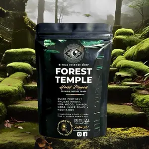 Forest Temple Ritual Incense Cones 12 ct Hand-Dipped Woodsy Scent with Hinoki Hiba Wood Juniper & Moss for Backflow Burners