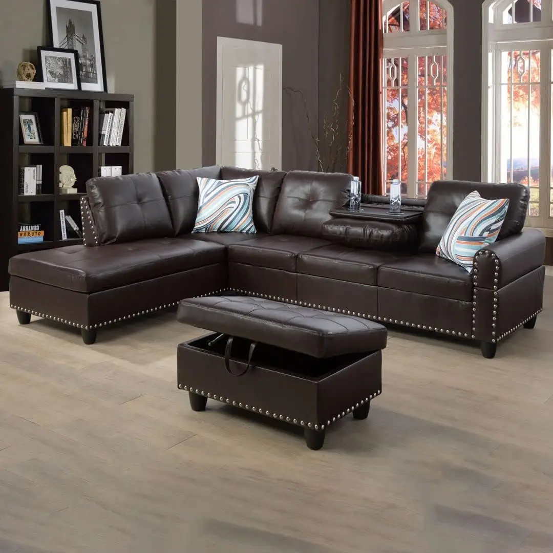 Leather Sectional Couch with Otttoman, 97" L Shaped Couch Sectional Sofa for Living Room, Modern Modular Couches with Cup Holders for Bedroom, Apartments, Brown