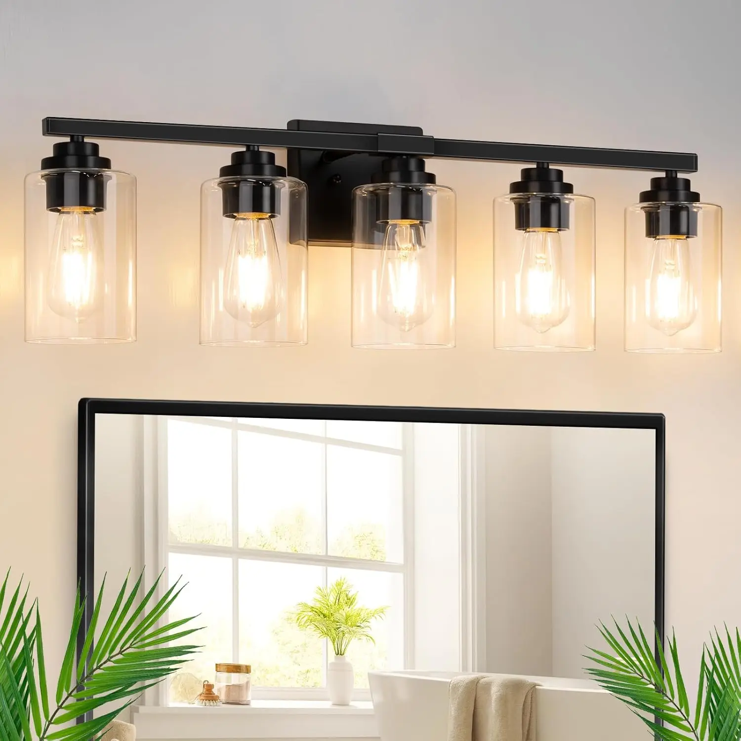 5-Light Bathroom Light Fixtures, 27"&31" Modern Vanity Lights Over Mirror with Clear Glass Shades, Matte Black Light Fixture, Classic Wall Light Fixture for Mirror Living Room Cabinet Bedroom Porch