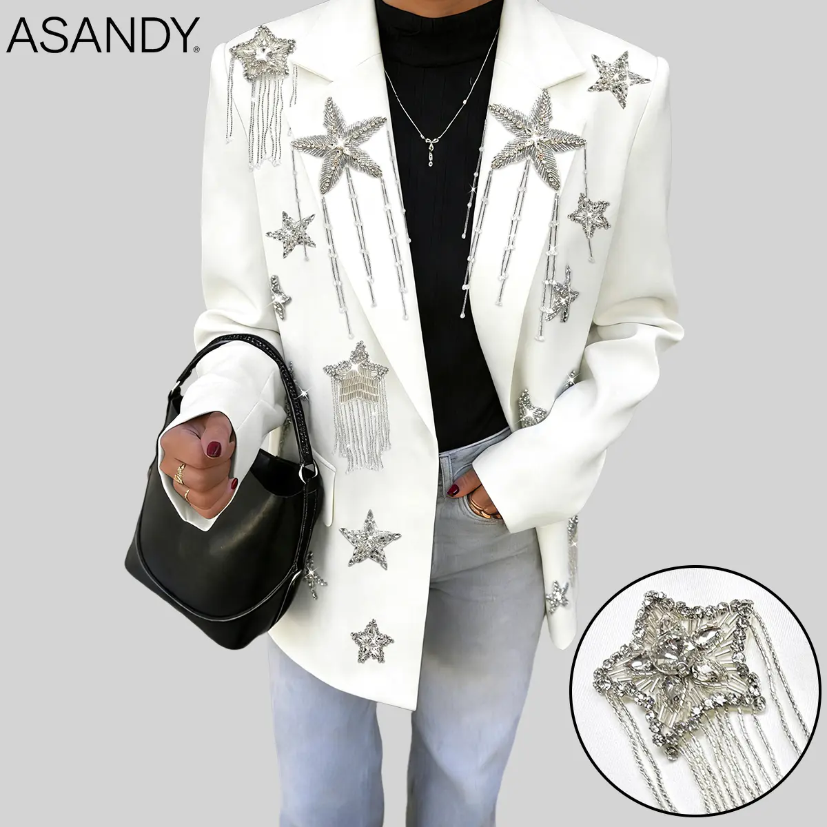 ASANDY Women's Star Rhinestone Tassel Blazer - Formal Loose Oversized Style Fit Women's Clothes, Crystal Stars, Fringe Embellishments, Glamorous Fabric, Silk Embroidery, Paired with Tank Tops, Crop Tops, Jeans, Ideal for Party, Gala, Casual Occasions