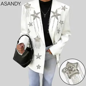 ASANDY Star Rhinestone Tassel Blazer - Sparkled Formal Suit Jacket with Sparkling Crystal Star & Fringe Embellishments | Glamorous Design, Perfect for Party/Gala/Chic Streetwear All-Season Outfit