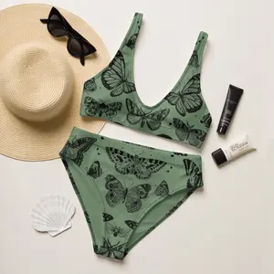 Women High Waist Butterfly Bikini Set Sage Green Vintage Moth Print Loose Comfy Swimsuit Summer Beach Tanning Pool Party Music Festival Two Piece