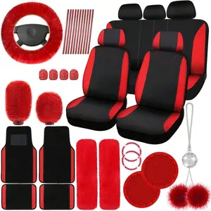 47 Car Seat Cover Full Set Car Seat Covers For Car Front Rear Seat Cover Fluffy Steering Wheel Cover Seat Belt Automotive Floor Mats Car Air Conditioner Decoration Strip Car Accessories Women