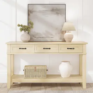 Console Table, Entryway Table with 3 Storage Drawers, 2 Tier Farmhouse Wooden Sofa Table, Hallway Tables for Entryway, Living Room, Hallway, Couch -Light Oak