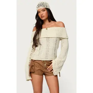 Edikted Women's Renna Distressed Fold Over Knit Top