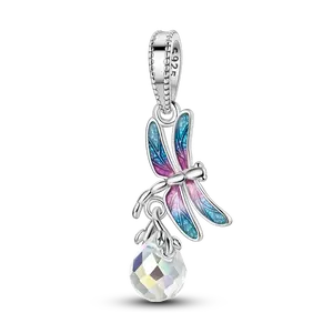 MULA 925 Sterling Silver dragonfly charm with colorful enamel wings and crystal pendant, suitable for pandora bracelet, elegant and natural style, suitable gift for women and girls