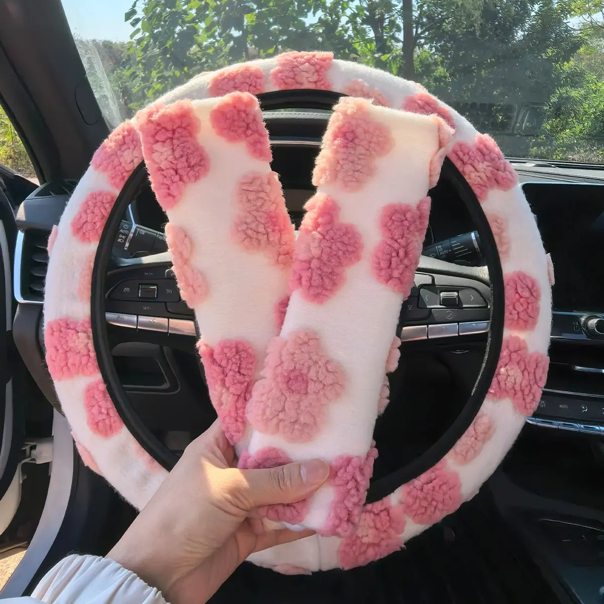 3-Piece Car Interior Set, Floral Plush Winter Steering Wheel Cover and Seatbelt Shoulder Pads, Non-Slip, Warm, Cute, Girly Car Accessories, Girly Car Interior Sets, Universal Fit