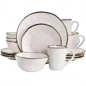 Elama 16-Piece Sturdy Stoneware Tableware Set - 23oz Round Bowls, Salad Plates, Dinner Plates, Mugs with Matte White Finish, Uneven Dimples, Gold Rim