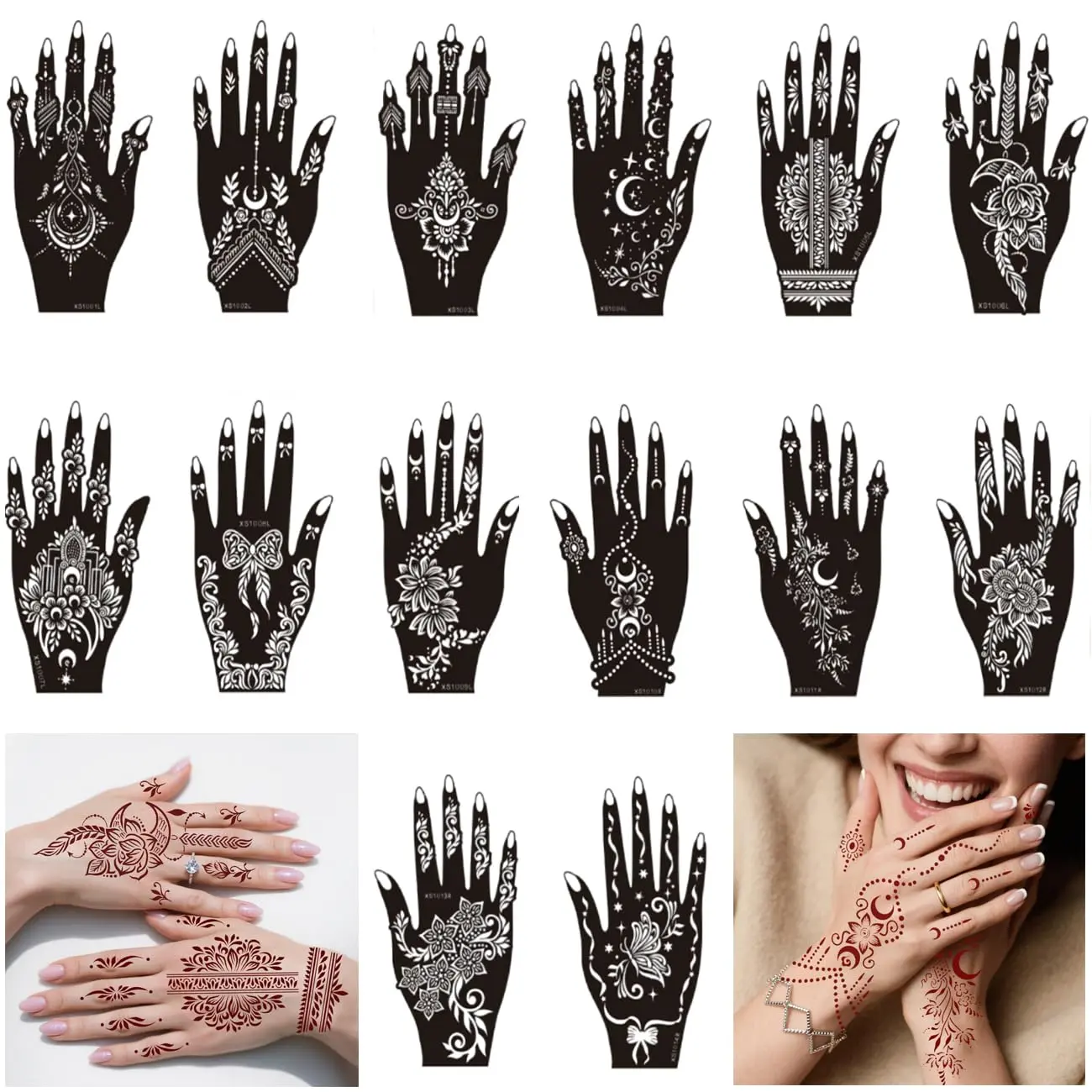 Henna Tattoo Stencils Kit, 14 Sheets Temporary Tattoos Template Airbrush Indian Flower Body Art Tattooing for Women Girls Hands Forearm