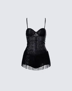Andrina Black Sequin Fringe Romper