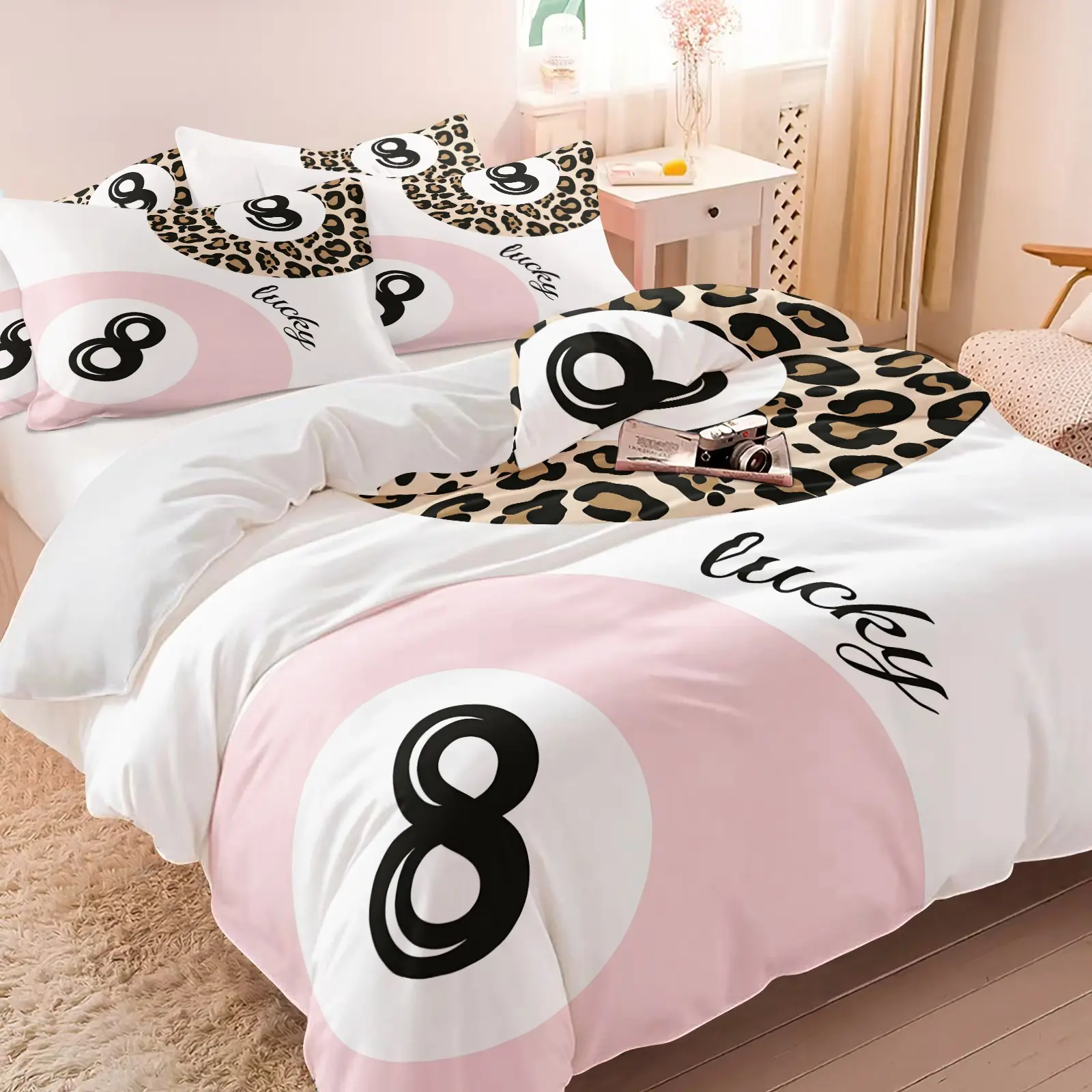 Sweet Cool Y2K Duvet Cover Set, Decorative Duvet Cover, 1 Cover & 1-2 Coreless Pillowcases, Pink Color Leopard Print, Soft Comfortable, Comfy Bed Sets, Printed Bedding Set, Vintage Bedroom Decor, Gift for Men and Women, Theme Bedding Set