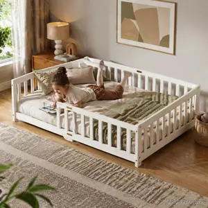 Twin-Size ARCH Floorbed, Rubber Wood Children's Furniture with Safety Rails Enclosure, No-Door Compact Crib for Toddlers, Toddler Pod Bed, Toddler Pod Beds