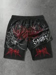 Men's gothic print faux two-piece shorts, perfect for everyday wear in spring and summer, Streetwear