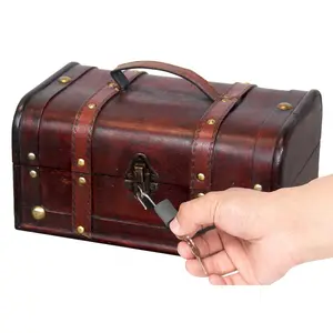 Vintiquewise Wood Treasure Box - 11x7x5.5 in, Brown Antique Decorative, Metal Handle, Padlocked Lid, Pirate Theme, Transitional Look, Safety-Focused Home Storage Organizer