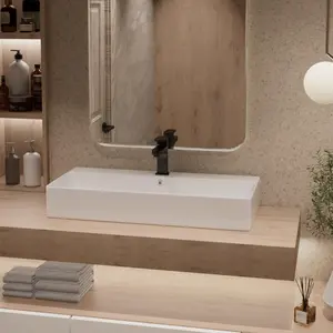 36" Bathroom Vessel Sink by Los Flexi, Rectangular Trough Sink with Overflow, Premium Glossy White Ceramic, Pre-Drilled 1 ³/₈" Faucet Hole, Above-Counter & Wall-Mount Installation, Includes Pop-Up Drain, Two Covers & Mounting Kit