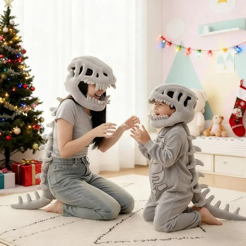 Kids' 3D Realistic Dinosaur Skeleton Wearable Hood - Ergonomically Designed Breathable Plush Costume, Cute Toys for Animals/Dinosaurs Themed Cosplay, Christmas/Birthday Party Props for Content Creation, Suitable for Adults