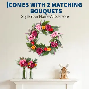 Lifelike Faux Peony Wreath & Bouquets Set for Front Door – Realistic Artificial Floral Wreath with Rattan Base – Includes 2 Matching Silk Bouquets – Farmhouse Spring Decor for All Seasons
