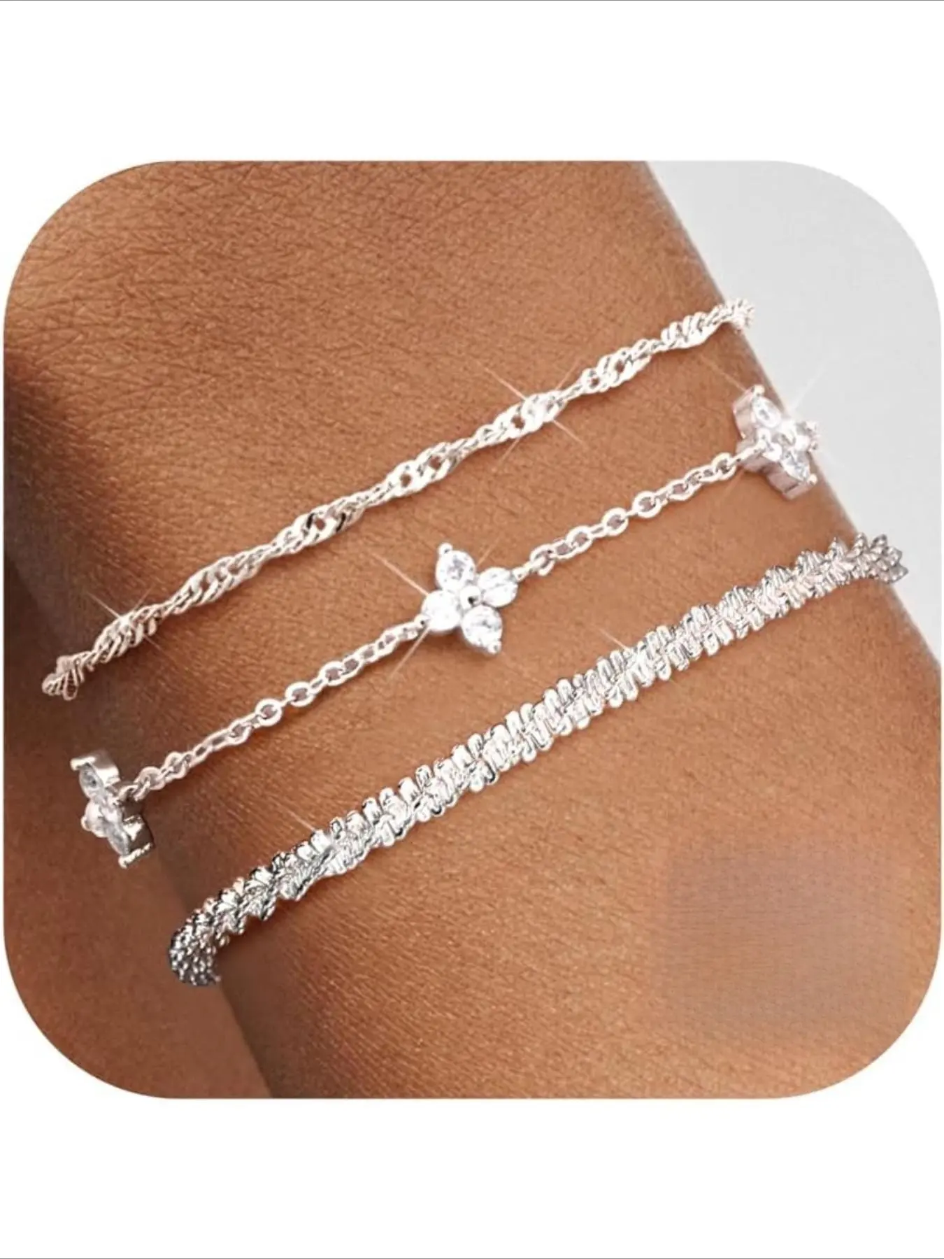 3 Pcs Silver/Gold Bracelets for Women Sterling Silver Bracelet Set Layered Dainty Link Chain with Zirconia Bracelet Adjustable Stackable Bead Ladies Silver Bracelets Jewelry for Women