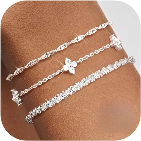 3 Pcs Cubic Zirconia Bracelets for Women, Jewelry Bracelets, Sterling Silver Dainty Link Chain Bracelet Set, Ladies Adjustable Stackable Bracelets, 3 Color Options Available