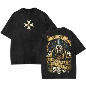 Black Templars "No Pity, No Remorse, No Fear" Tee | Warhammer 40k Oversized Washed Vintage Shirt – Double-Sided Sci-Fi Graphic T-Shirt Cotton Fabric