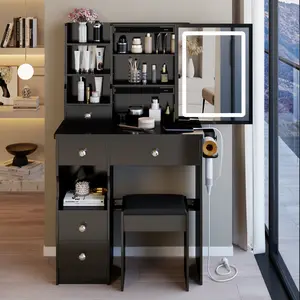 29.2" Small Makeup Vanity Set with 2AC+2USB Power Station & Hair Dryer Bracket, Left Drawer Desktop, Extra Large Touch Control Sliding LED Mirror, Tri-Color Switching & Stool