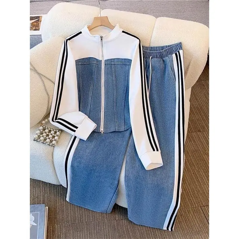 Women's Preppy Style Casual 2-Piece Denim Set, Patchwork Contrast Stand-Collar Zipper Jacket & Elastic Jeans, Comfortable Streetwear Clothes