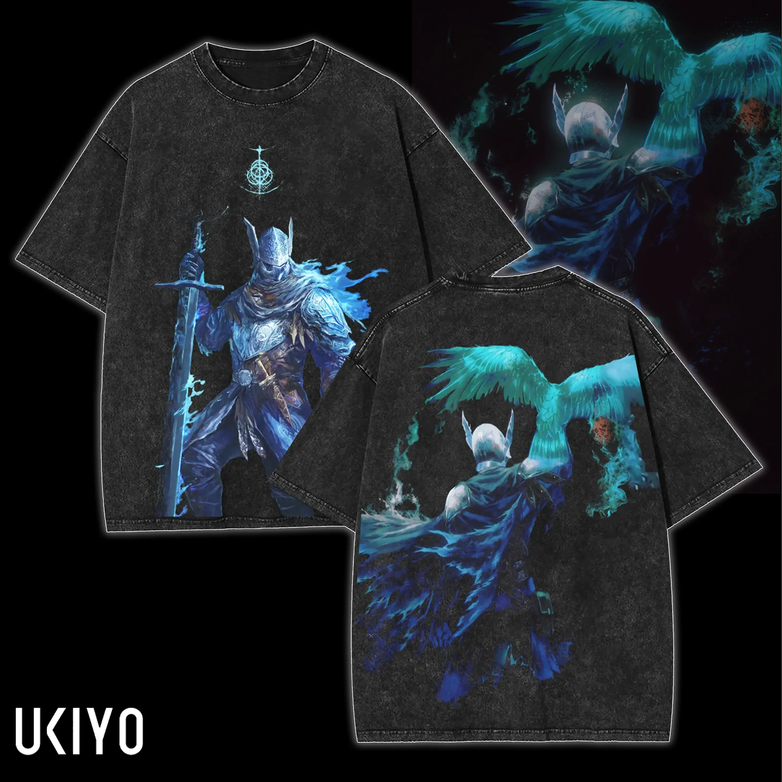 Wylder Elden Ring Nightreign Vintage Washed Graphic T-Shirt Double-Sided Oversized Anime Game Knight Raven Blue Flame Unisex Cotton Tee