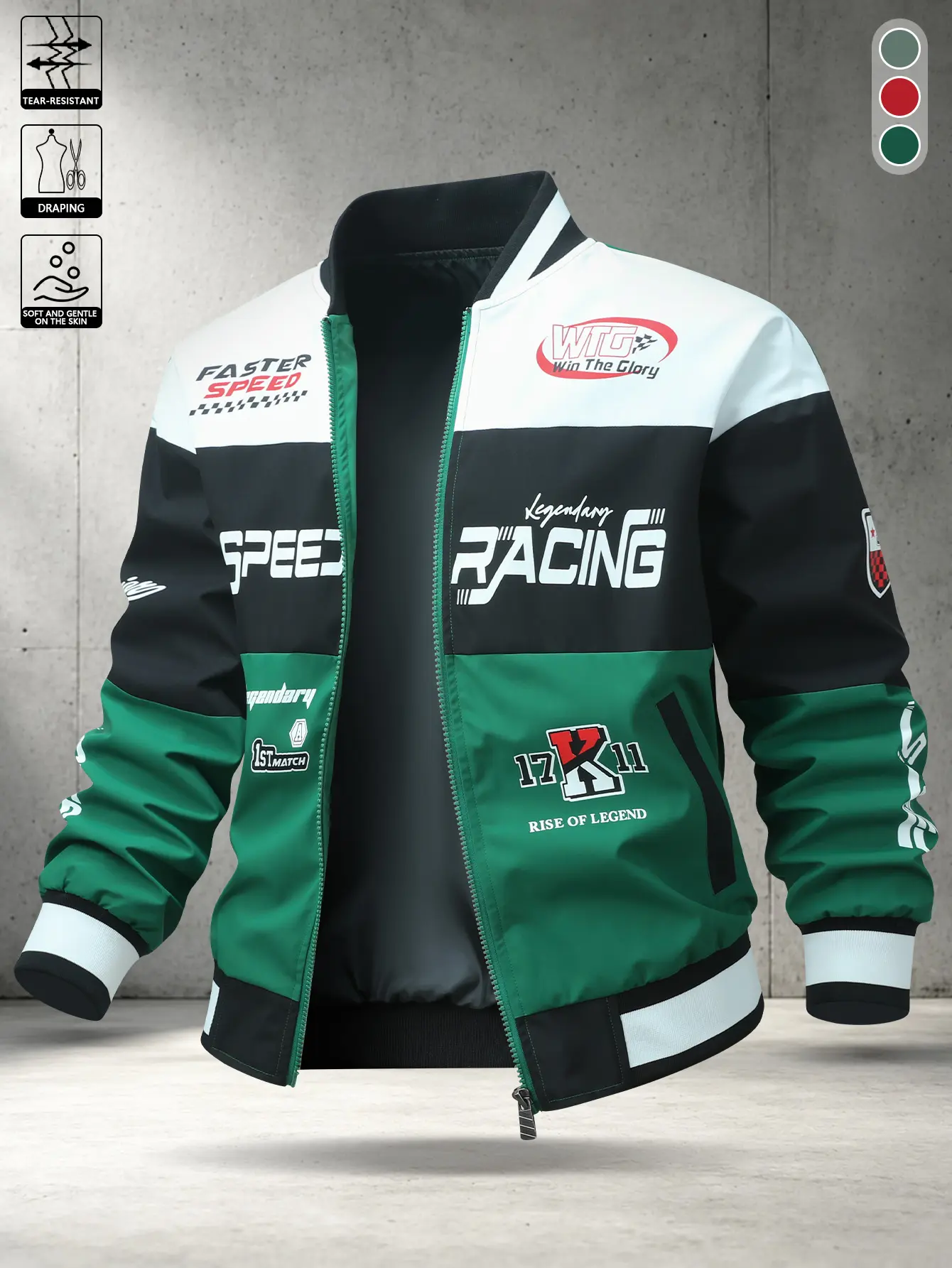 Three-color color-block racing-themed jacket with multiple prints and a baseball collar, elastic ribbed hem, wear-resistant and tear-resistant fabric; urban cycling, short trips, trendy street-style casual protective jacket
