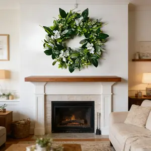 Minimalist Farmhouse Style Greenery Wreath, Mixed Leaves with Hydrangea Flowers, All-Season Decor for Porch and Entrance