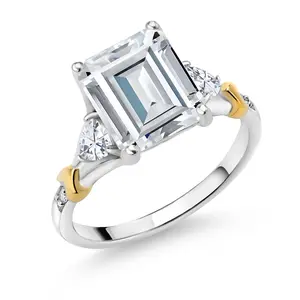 Gem Stone King 925 Silver and 10K Yellow Gold White Moissanite Engagement Ring For Women (3.89 Cttw, Emerald Cut 10X8MM, Trillion 3.5MM)