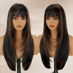 Auvzy Long Straight Layered Wig with Bangs for Women 26 inch Heat Resistant Synthetic Fiber Natural Look Adjustable Cap for Party Cosplay Daily Use Scalp Effect Wig