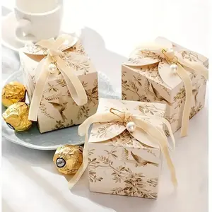 Elegant Floral Wedding Favor Boxes, Exquisite Gift Box, 50pcs with Velvet Ribbon & Pearl Accents, Leaf Pattern, Ideal for Parties & Gifts, Gift Box Packaging