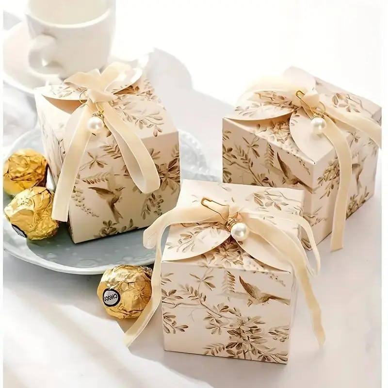 Elegant Floral Wedding Favor Boxes, Exquisite Gift Box, Classy Gift Box, Beautiful Gift Box, 50pcs with Velvet Ribbon & Pearl Accents, Leaf Pattern, Ideal for Parties & Gifts, Gift Box Packaging
